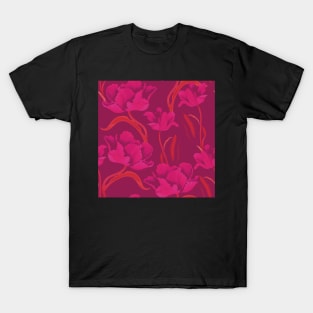 Fantastic pink tulips in a flowing pattern on a purple background T-Shirt